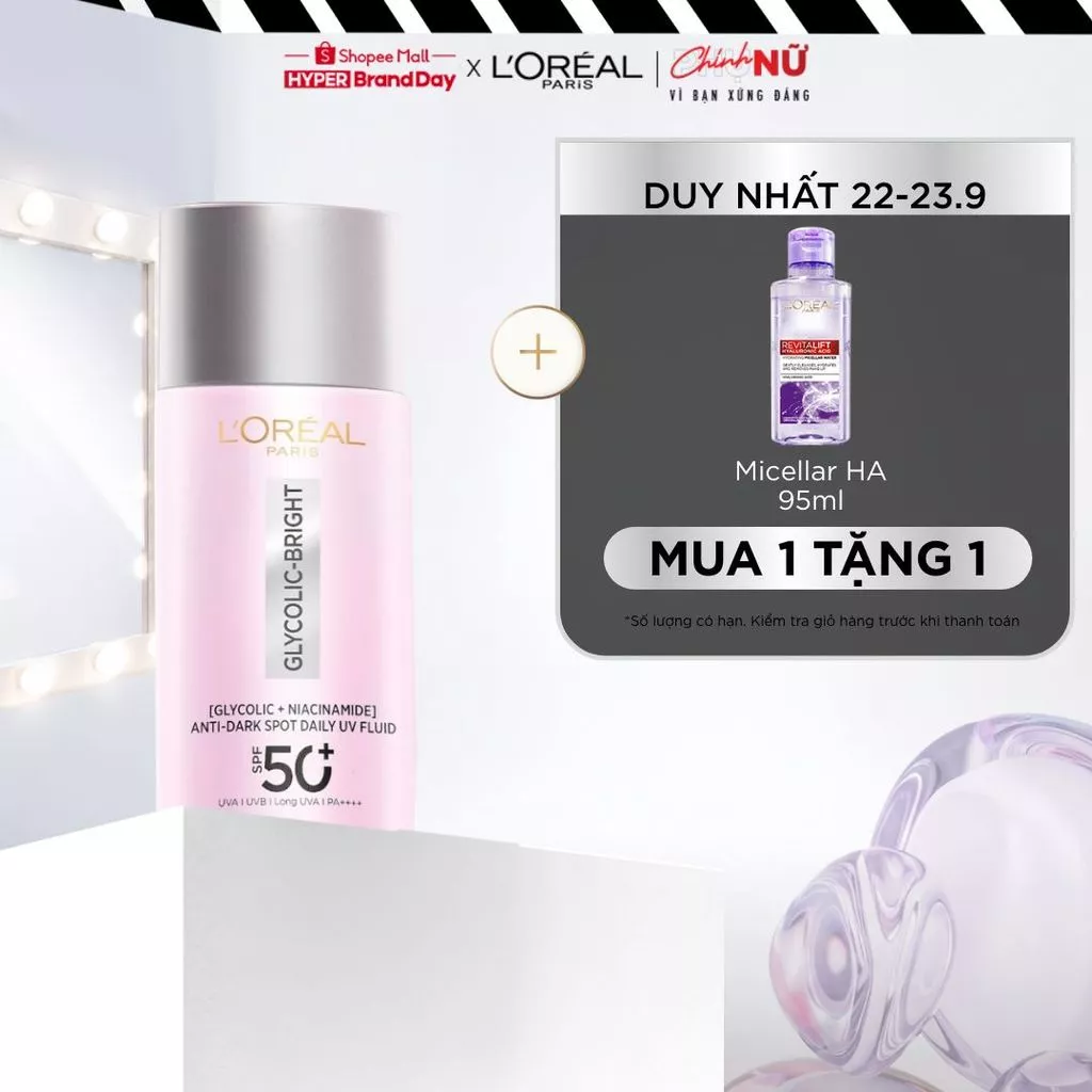 Sữa chống nắng phổ rộng mỏng nhẹ bảo vệ da và dưỡng sáng mờ thâm nám Glycolic Bright Anti-Dark Spot L’Oréal Paris 50ml