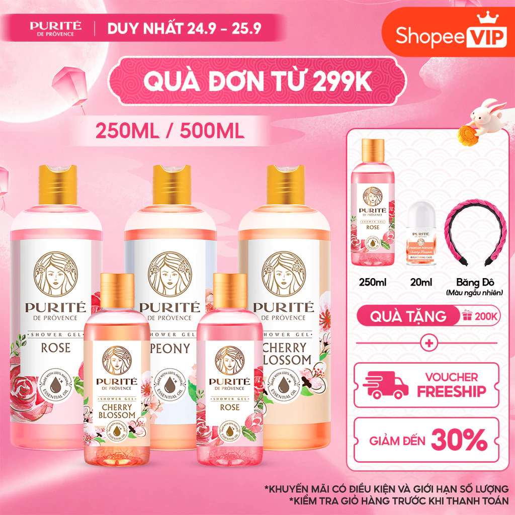 [VOUCHER SVIP 20%] [BAO BÌ MỚI] Sữa Tắm Thiên Nhiên PURITÉ Hương Hoa Anh Đào/Hoa Hồng/Hoa Mẫu Đơn 250ml & 500ml