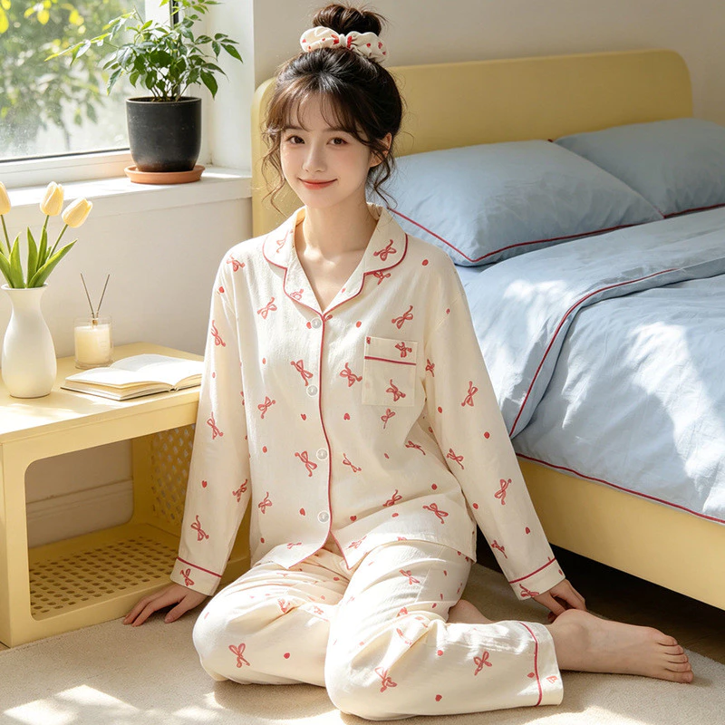 (40-72.5kg) Bộ đồ ngủ in nơ nữ dài tay ve áo mây Cotton thoáng khí Sweet Girls Home Nightwear