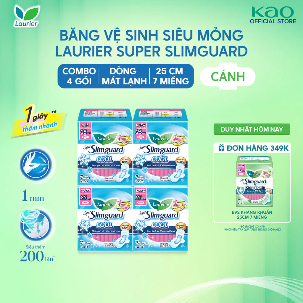 Combo 4 Băng Vệ Sinh Laurier Siêu Mỏng 1mm Mát Lạnh 25cm 7 miếng