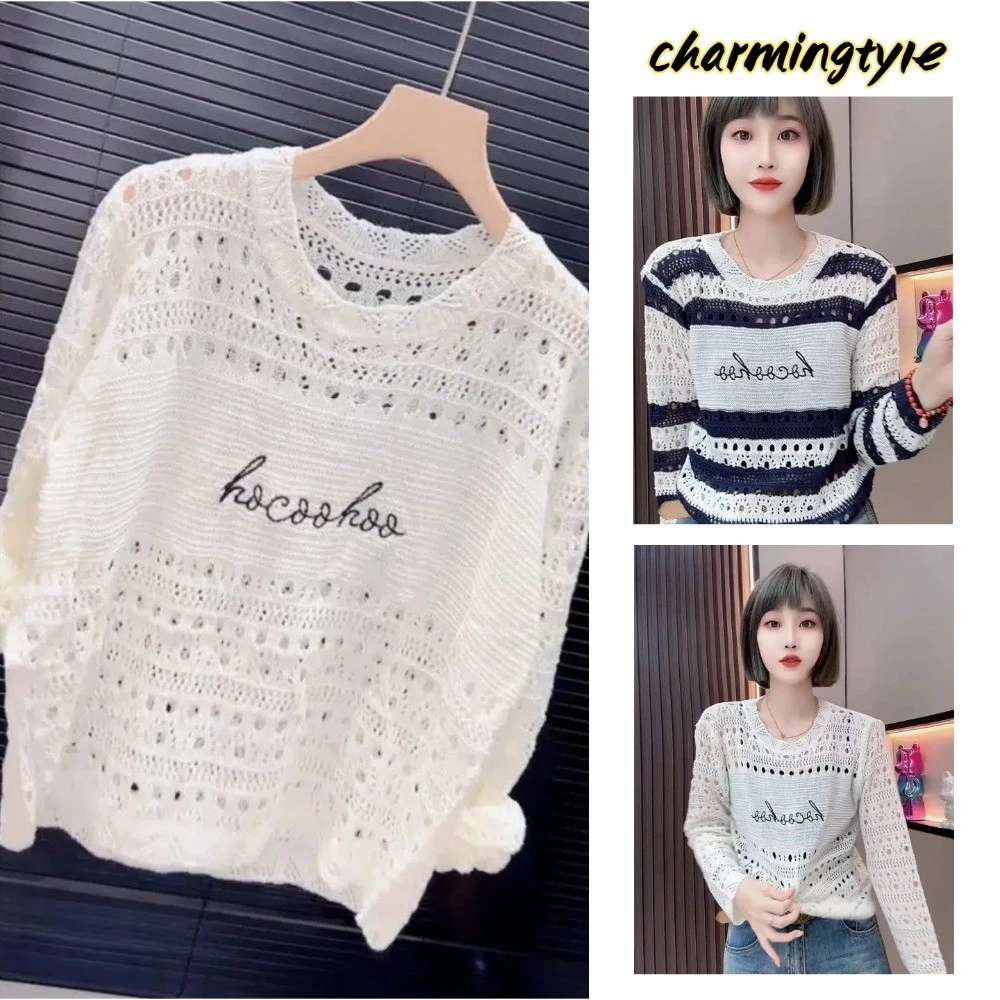 Áo Len Dệt Kim Khoét Lỗ Thời Trang Mới Cho Nữ, Dáng Rộng, Tay Dài, Họa Tiết Kẻ Sọc, Thích Hợp Cho Mùa Xuân/Hè/Thu.