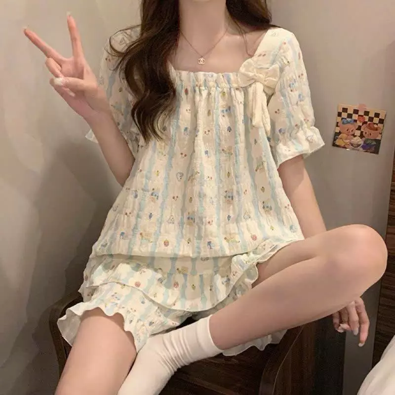 Đồ Bộ MiniPijama Tay Cộc Quần Đùi 2 Nơ Phối Bèo Nữ Tiểu Thư Họa Tiết Hoa Nhí Vải Đũi Xốp  Có Size