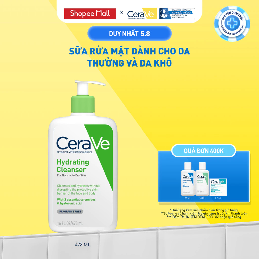Chai CeraVe Hydrating Cleanser 473 ml cho da thường đến da khô trên Shopee