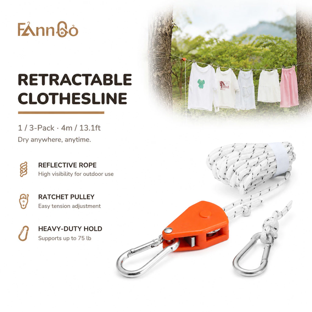Dây phơi quần áo có thể thu gọn FannGo màu trắng, chịu tải được điều chỉnh, dài 4m, có thiết kế bánh xe chống trượt và móc không để lại vết, thích hợp cho việc cắm trại ngoài trời,