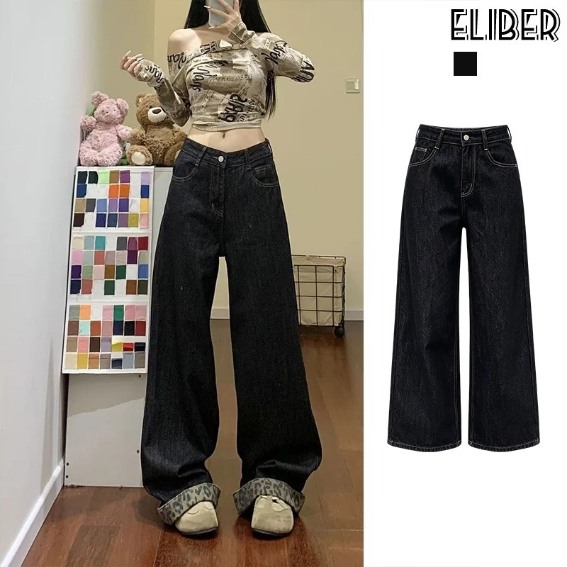 ELIBER- Quần Bò Viền Họa Tiết Da Báo Quần Ống Rộng Ống Đứng Khâu Rộng Rãi Cạp Cao Cho Nữ