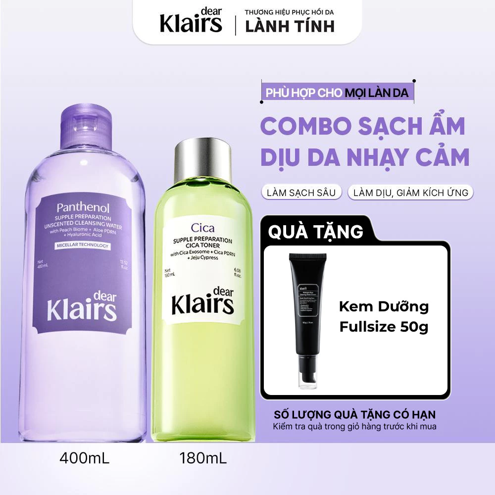 COMBO Dear Klairs Nước Tẩy trang Unscented Cleansing Water 400ml + Nước hoa hồng Cica Toner 180ml [FS]