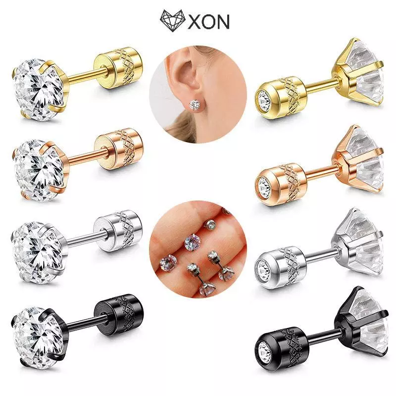 [XON] 1 Bông tai Zircon pha lê đôi bằng thép không gỉ dành cho nữ Bông tai vít Trang sức cơ thể chống dị ứng [Mina]