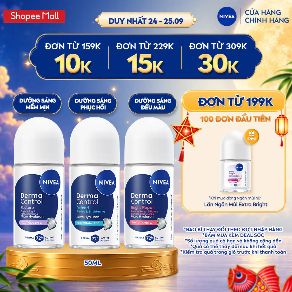 Lăn Khử Mùi NIVEA Derma Control Dành Cho Nữ 50ml - Dưỡng Sáng/ Mờ Thâm/ Phục Hồi Da - Ngăn Mùi Đến 72H