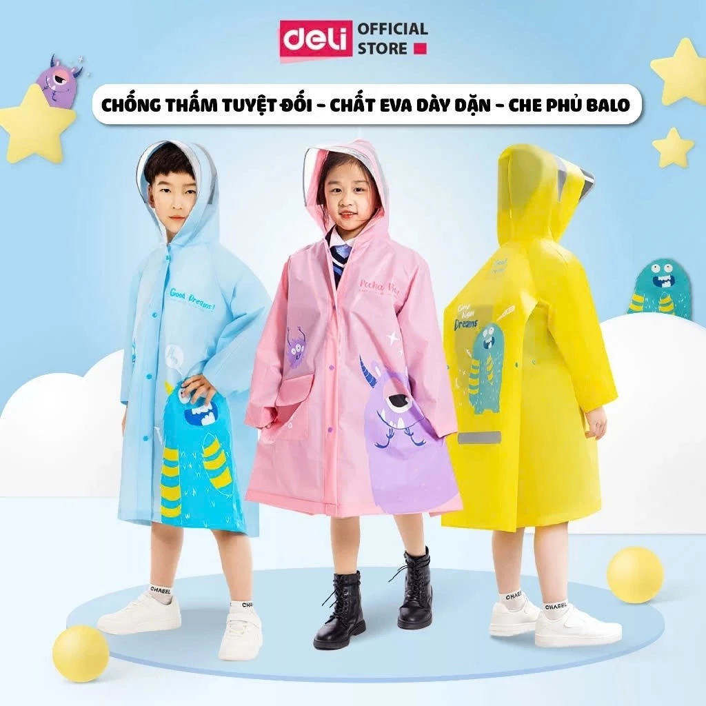 Áo Mưa Trẻ Em Deli x Agnite Nhẹ Mềm Có Khóa Không Mùi Mũ Che Dáng Dài Chống Thấm Họa Tiết Cute