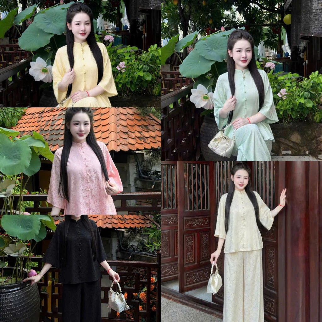 (MAY KỸ - ĐẸP ) Set Bộ Lam Nữ Đi Chùa Gấm Hoa Cúc Nổi Cao Cấp - Áo Cổ Trụ Tay Lỡ, Quần Dài Suông THỜI TRANG