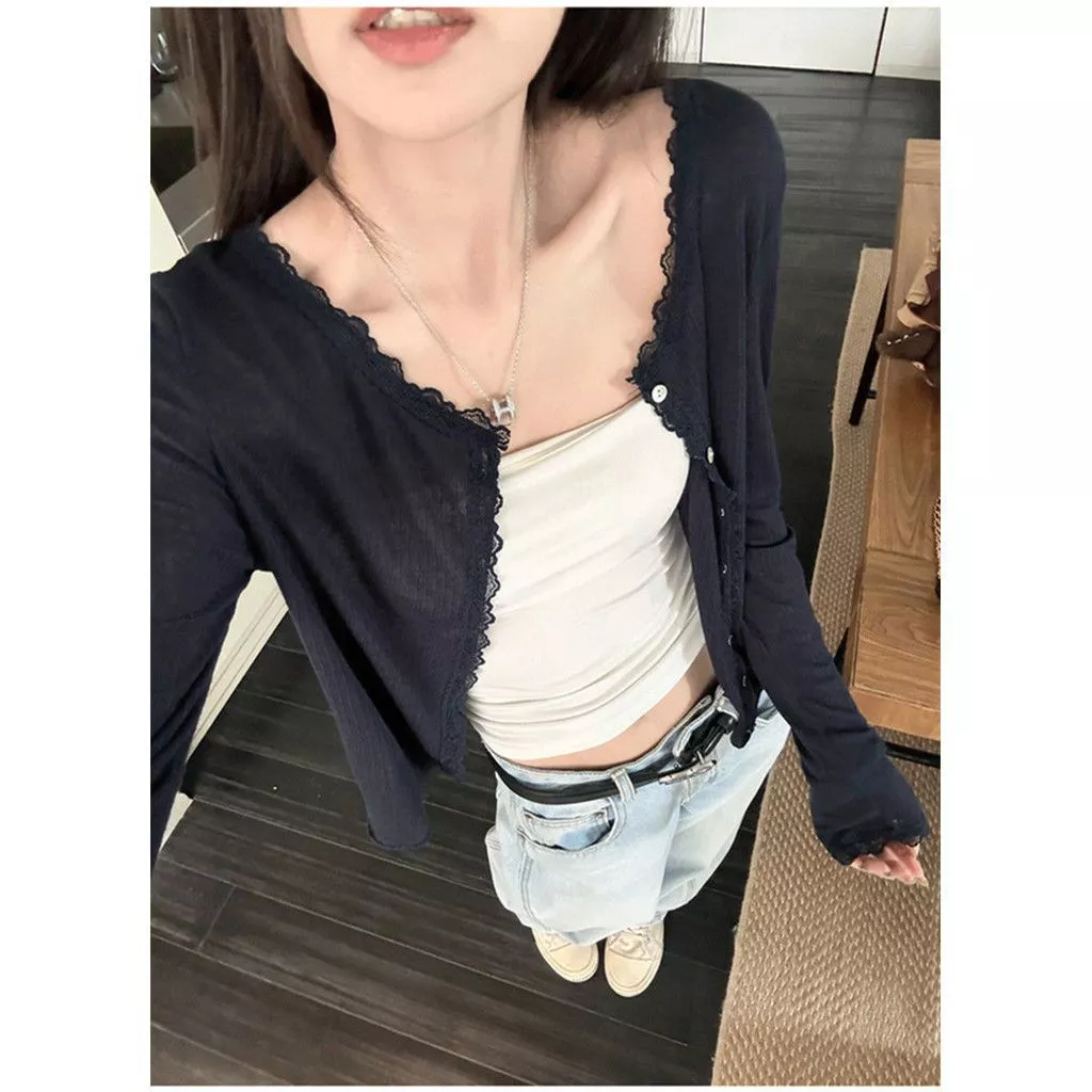 Áo Cardigan Nữ Cổ Tròn Viền Ren Tay Dài, Áo  Khoác Ngoài Chống Nắng  Phong Cách Hàn Quốc Ulzzang Hot Trend