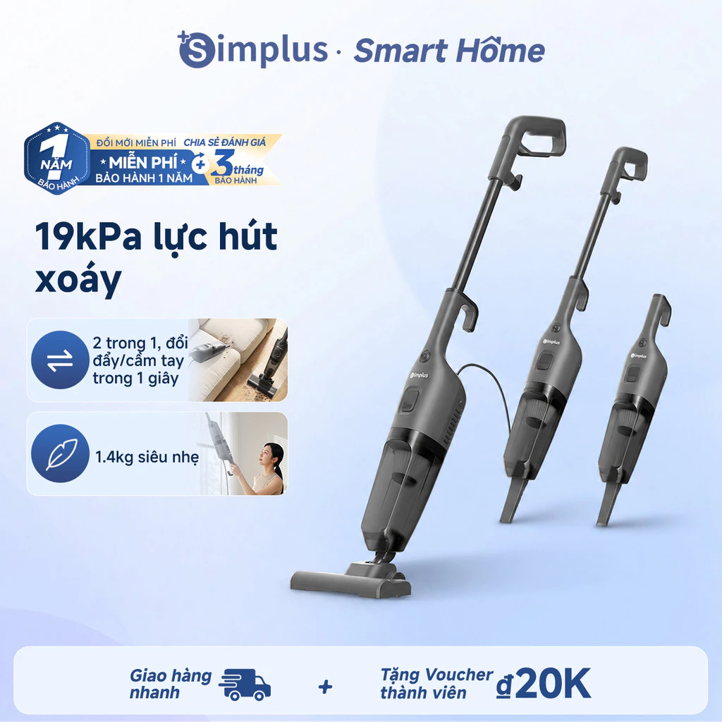 Simplus máy hút bụi đứng 19kPa lực hút mạnh Cầm tay & cán đẩy 2 trong 1 Tự đứng Siêu nhẹ 1.4kg XCQH021