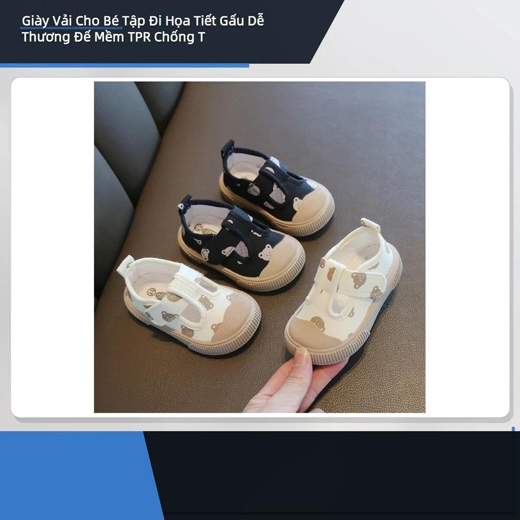 Giày Vải Cho Bé Tập Đi Họa Tiết Gấu Dễ Thương Đế Mềm TPR Chống Trượt Dán Velcro Tiện Lợi ✨deerlu05.vn✨