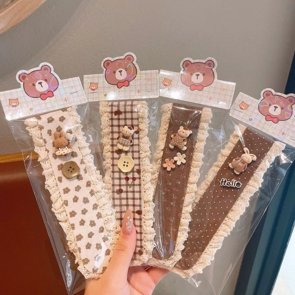 Băng Đô Dán Tóc Velcro Viền Ren Đính Charm Gấu Thỏ Dễ Thương, Giữ Tóc Mái Khi Makeup & Skincare