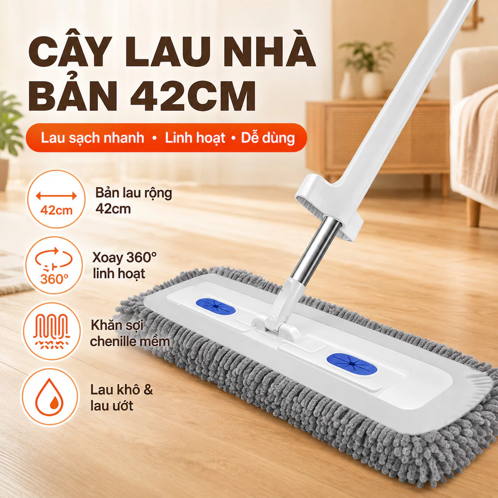Chổi Lau Nhà Bông Tuyết Chenille Xoay 360°, Tự Giặt Tự Vắt, Thấm Hút Tốt, Lau Sạch Mọi Góc