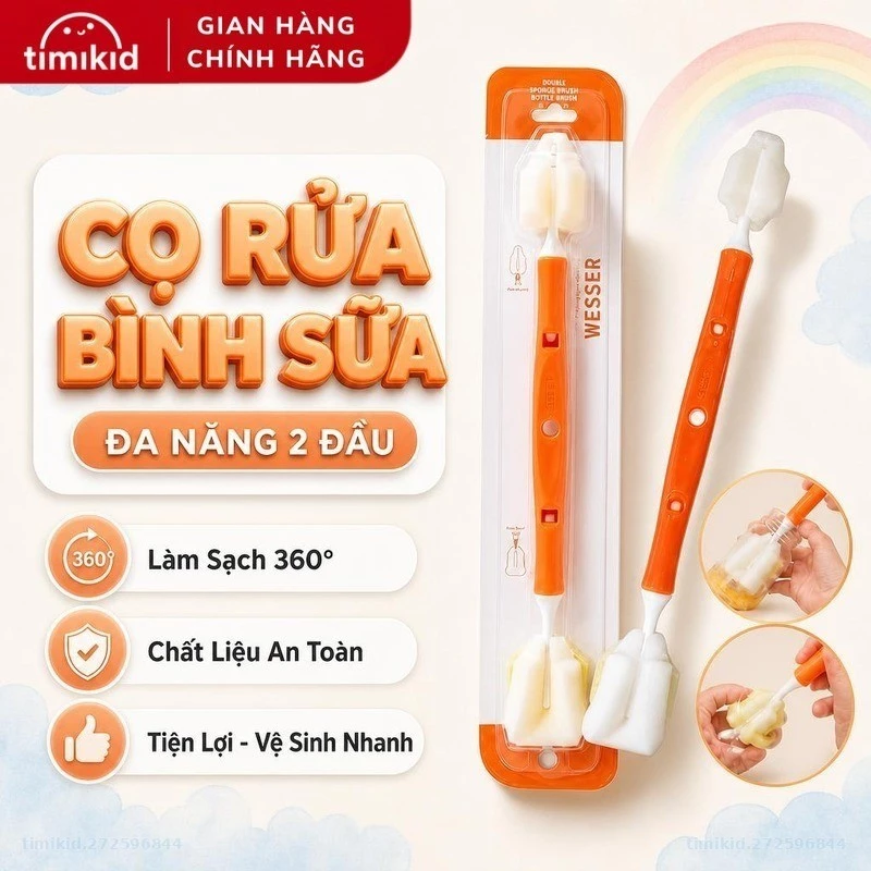 Cọ Rửa Bình Sữa WESSER Hàn Quốc 2 Đầu Đa Năng Cho Bé, Giúp Làm Sạch Bình Và Núm Ti