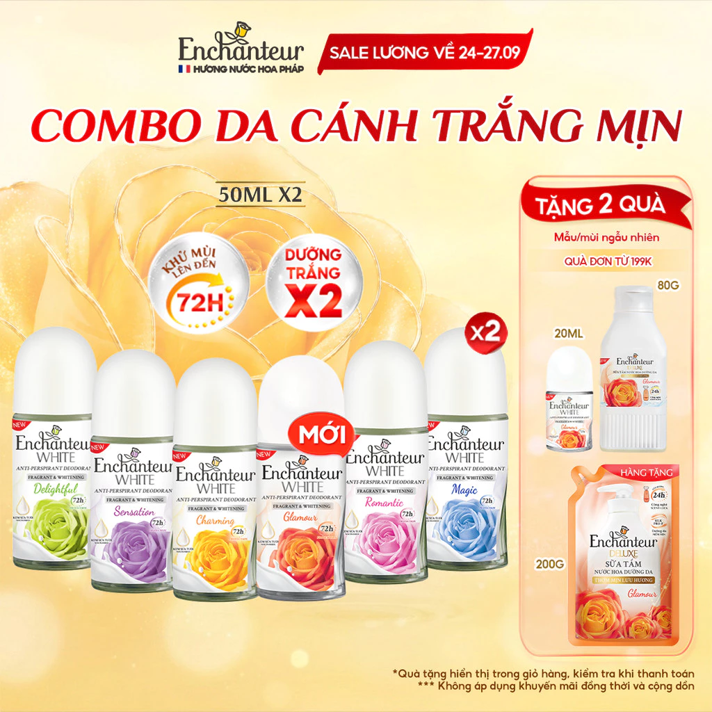 COMBO 2 Lăn khử mùi tới 72H Enchanteur dưỡng sáng da X2 từ Niacinamide & Kem sữa tươi 50ml x2