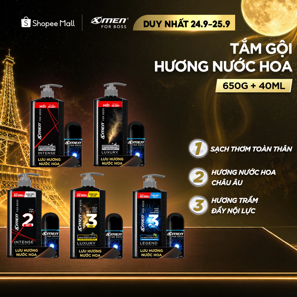Combo Dầu gội/Tắm Gội Cho Nam Xmen for Boss 650g/630g & Lăn Legend 40ml - Hương Nước Hoa Châu Âu