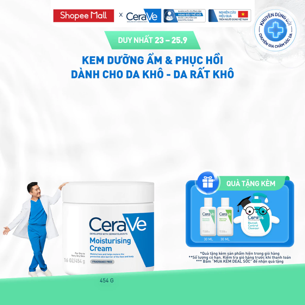 Kem dưỡng ẩm phục hồi sâu và ẩm mịn suốt 48H dành cho da khô, duy trì hàng rào bảo vệ da CERAVE MOISTURISING CREAM 454G