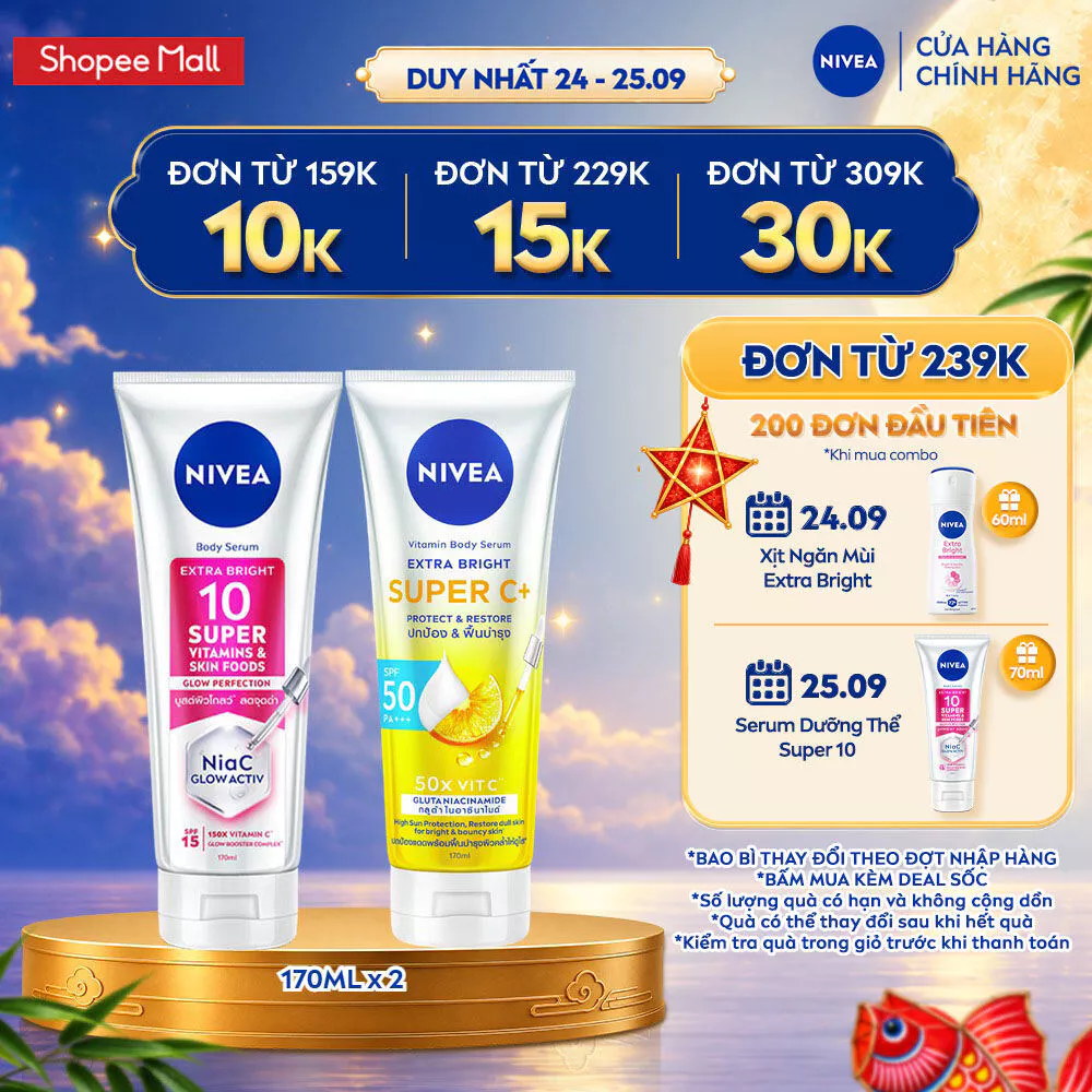 Bộ 2 Serum Dưỡng Thể Sáng Da NIVEA: Vitamin Super C+ và 10 Super Vitamins & Skin Foods (170 ml) - 93830+99193