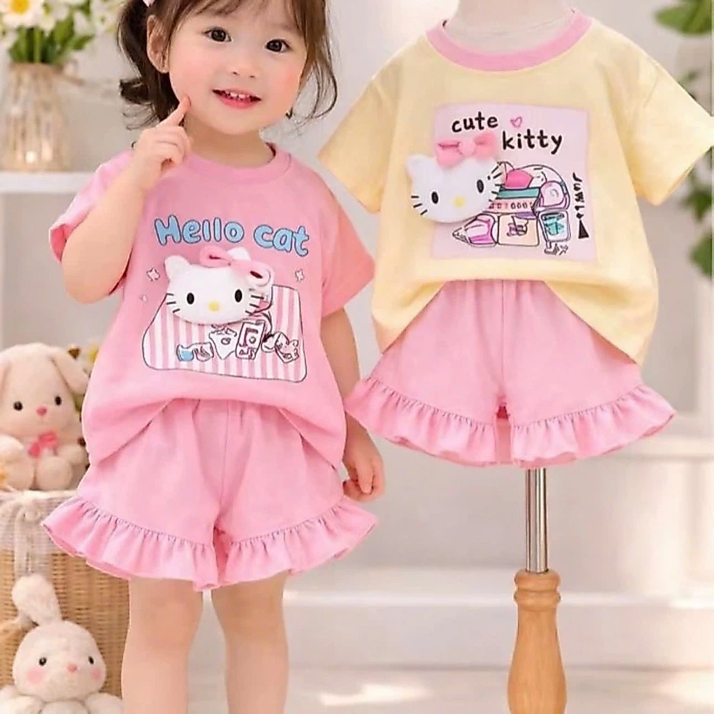 [A35] Set bộ thun bé gái quần bèo in hình Hello Kitty, đồ bộ mặc hè đi học đi chơi dễ thương cho bé 9 - 36kg