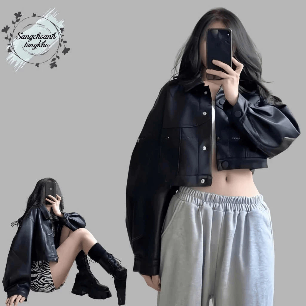 Áo khoác da croptop basic, áo khoác da nữ phong cách cá tính trẻ trung năng động mặc đi chơi đi học đi làm