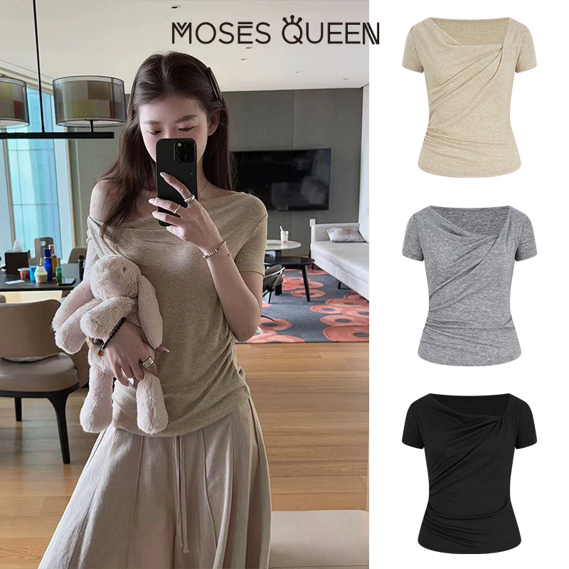 MOSESQUEEN Pure Gợi Cảm Bất Đối Xứng Cổ Chữ V Xếp Ly Áo Thun Nữ Thiết Kế Niche Slim Fit Thời Trang Top #63962