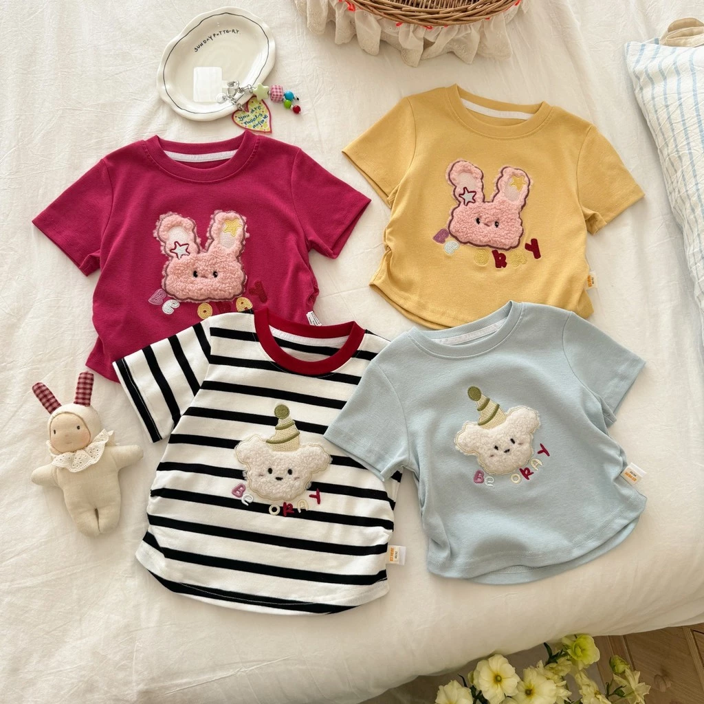 [100% Cotton] 2026 Phong Cách Mới Thời Trang Cô Gái Hoạt Hình Thỏ Áo Thun Tay Ngắn Mùa Hè Cổ Tròn Ba Chiều Thêu Top