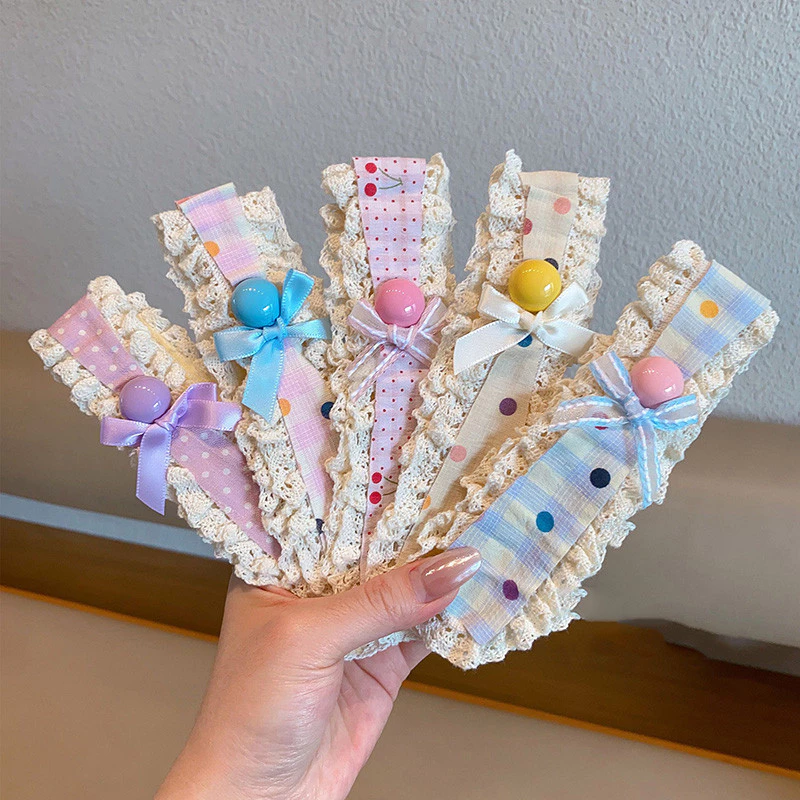 Băng Đô Cài Tóc Ren Vintage Phối Nơ Và Bông Màu Pastel Dễ Thương