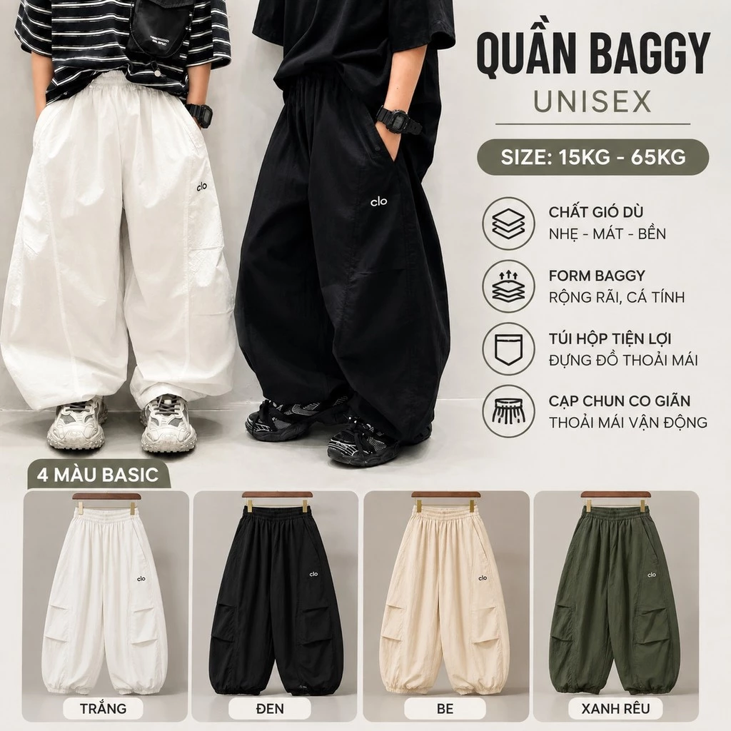 Quần Gió Thời Trang Trẻ Em Hàn Quốc Cho Bé Trai Bé Gái Size Đại 60kg Quần Gió Nhăn Kiểu Dáng Thể Thao Unisex CLO