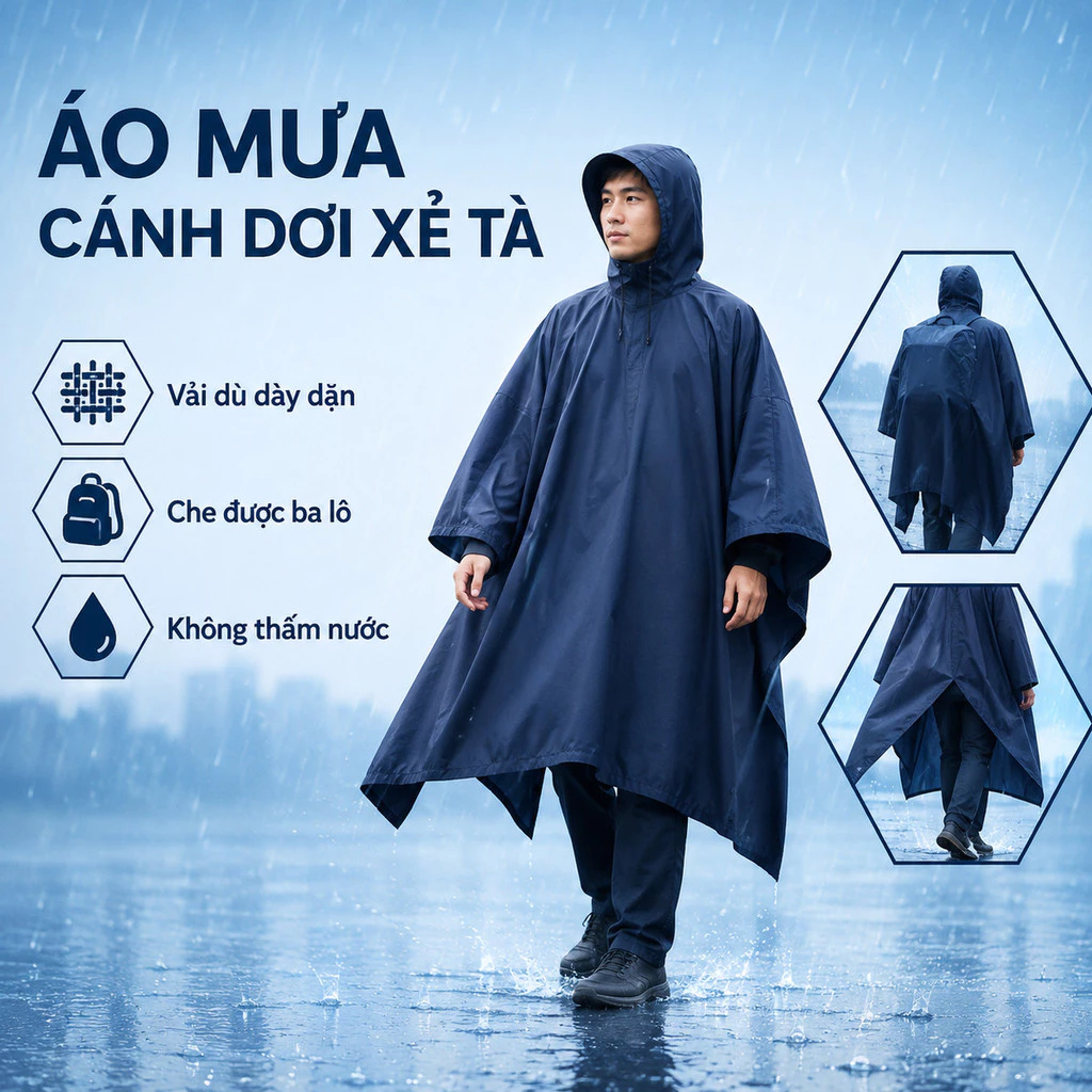 Áo Mưa Cánh Dơi Xẻ Tà Vải Dù Da Cá Dày Dặn, Áo Mưa Choàng Chống Thấm