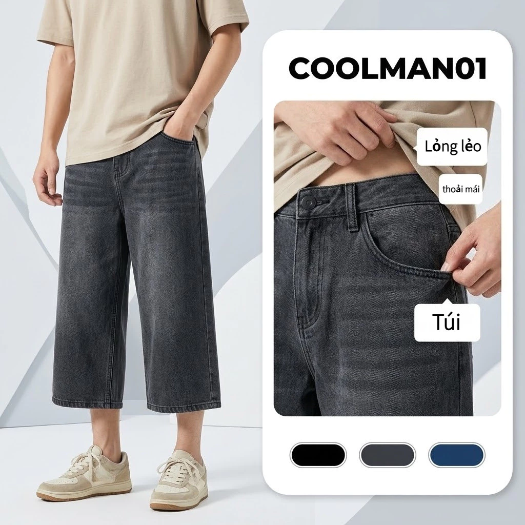 Quần Jeans Nam Ống Rộng - Quần Lửng / Short Jeans Nam Thời Trang Hàn Quốc, Vải Bò Cao Cấp Co Giãn, Nhiều Màu Sắc