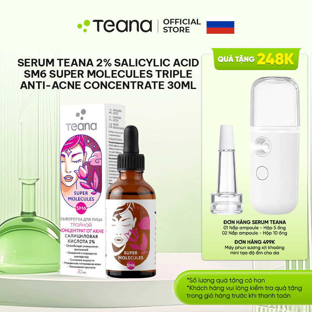 Serum Teana 2% Salicylic Acid SM6 Super Molecules kiềm dầu, giảm mụn, mờ thâm Triple Anti-Acne Concentrate - 30ml