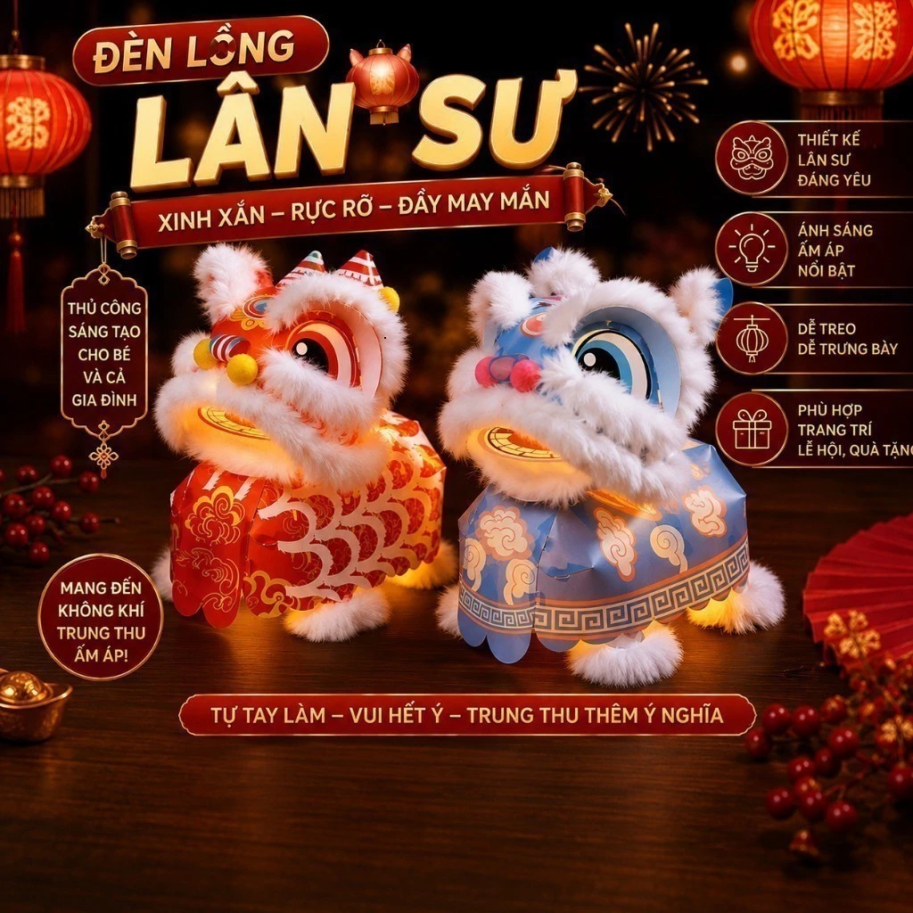 Đèn Lồng Múa Lân LED 2026 – Đèn Lân Handmade cho bé, Phát Sáng, Đồ Chơi Trung Thu, Tết Thiếu Nhi