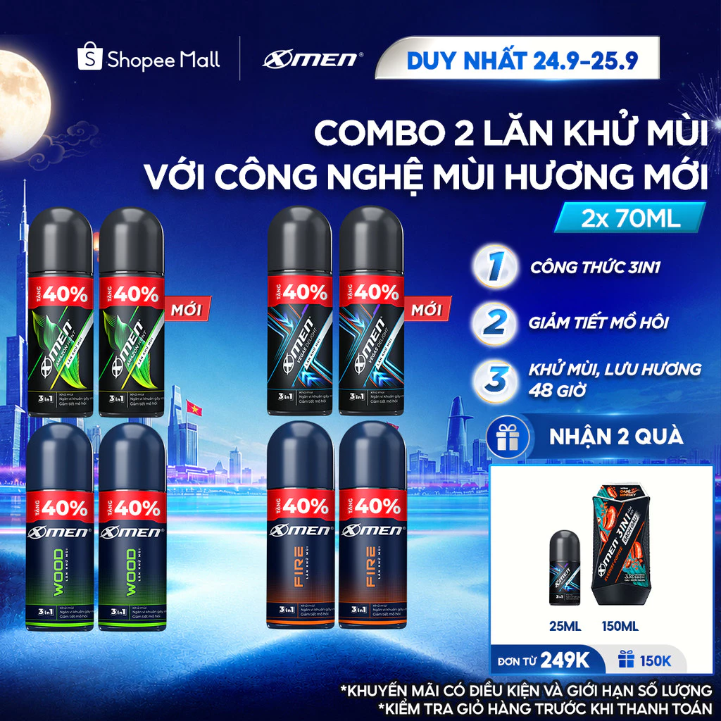 [TĂNG 40% DUNG TÍCH] Combo 2 Lăn khử mùi XMen 70ml/chai Amazon/Vegas/Wood/Fire - Hương Thơm Nam Tính, Khô Thoáng Dài Lâu