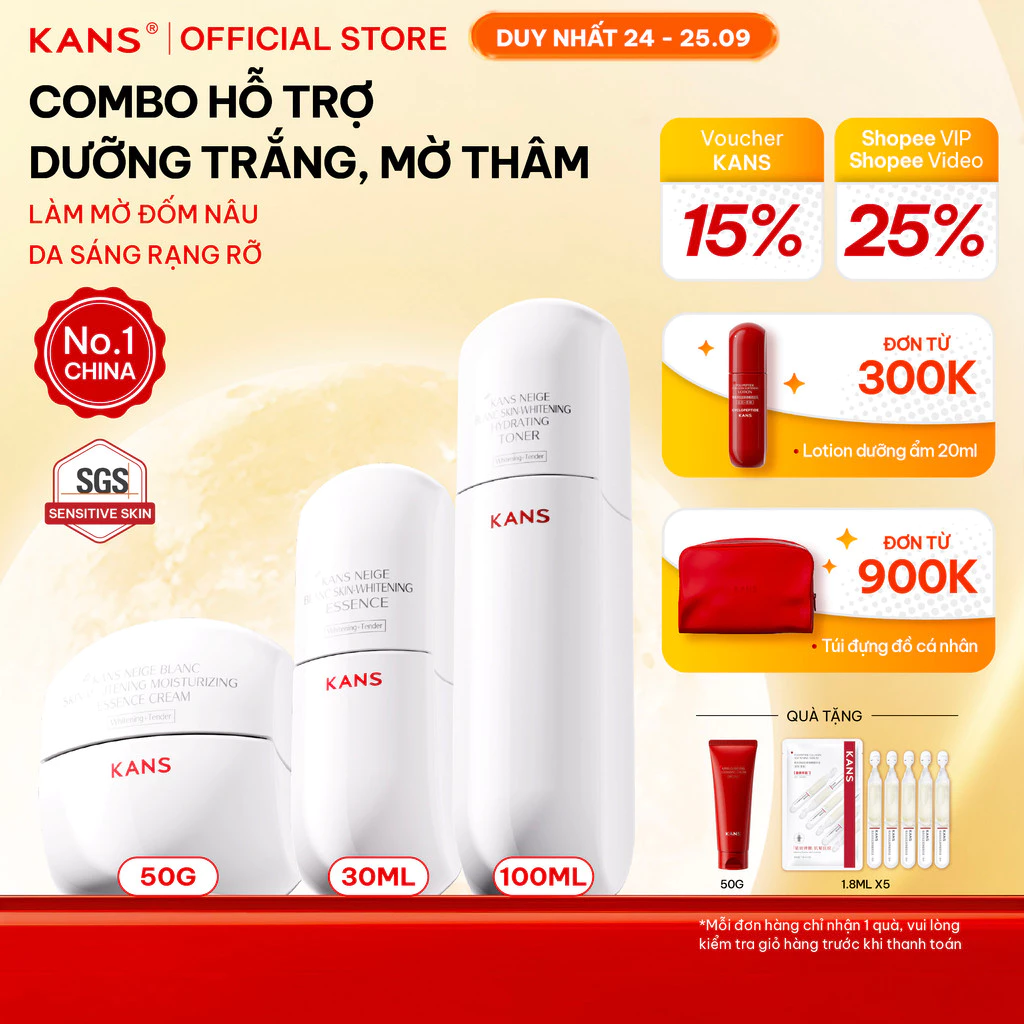 KANS Combo 3 Món Dưỡng Trắng Da Serum 30ml - Kem Dưỡng 50g - Kem Nâng Tông 50g giúp Mờ Thâm, Đều Màu Da