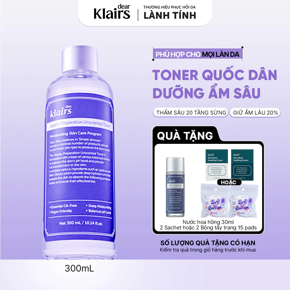 Nước hoa hồng Dear, Klairs Supple Preparation Unscented Toner hỗ trợ cấp ẩm 300ml [FS]