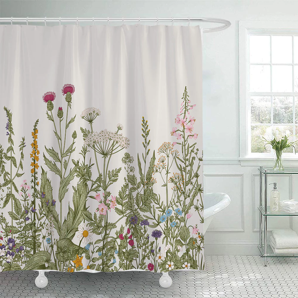 Lá hoa màu xanh lá cây Cây hoa Bộ rèm phòng tắm in hình chống thấm nước Polyester