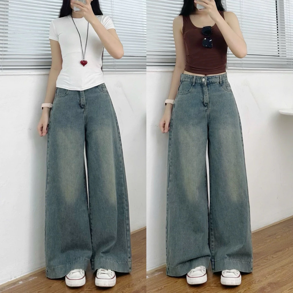 (Deal mở bán) Quần jeans ống rộng trơn gấu to - MỘC STORE