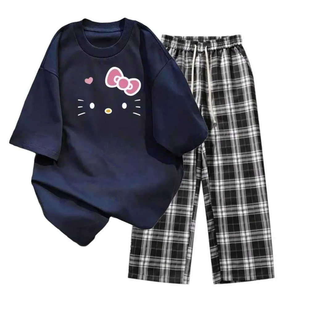 Sét Bộ Quần dài ống rộng kẻ caro đen+ Mix Áo Phông màu xanh than-mùa hè siêu cool -TRUNGANH98