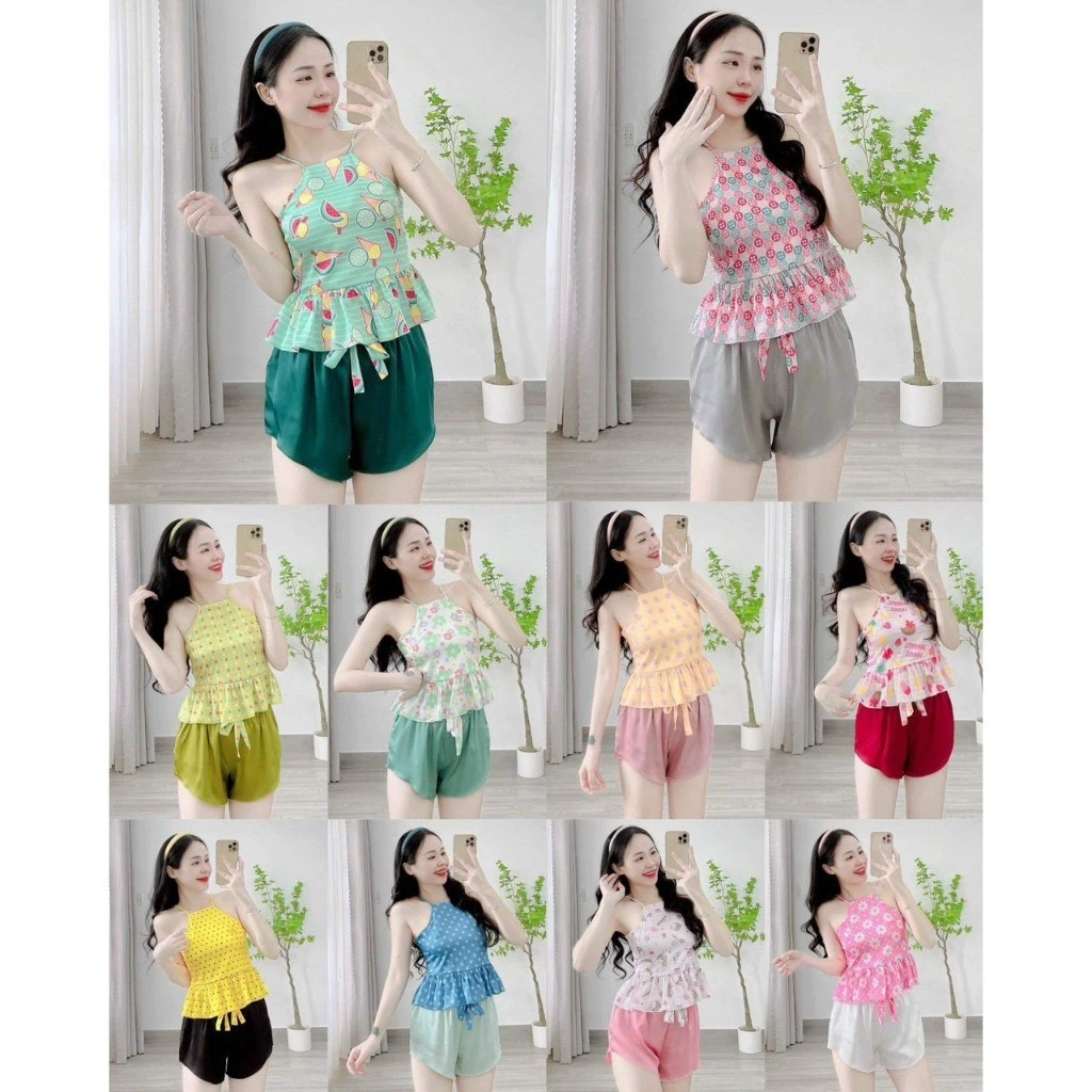 Sét Ngủ Yếm Lụa - Họa Tiết Xinh Đáng Yêu Quần Có Túi Bigsize 35-55kg Thoải Mái B26667