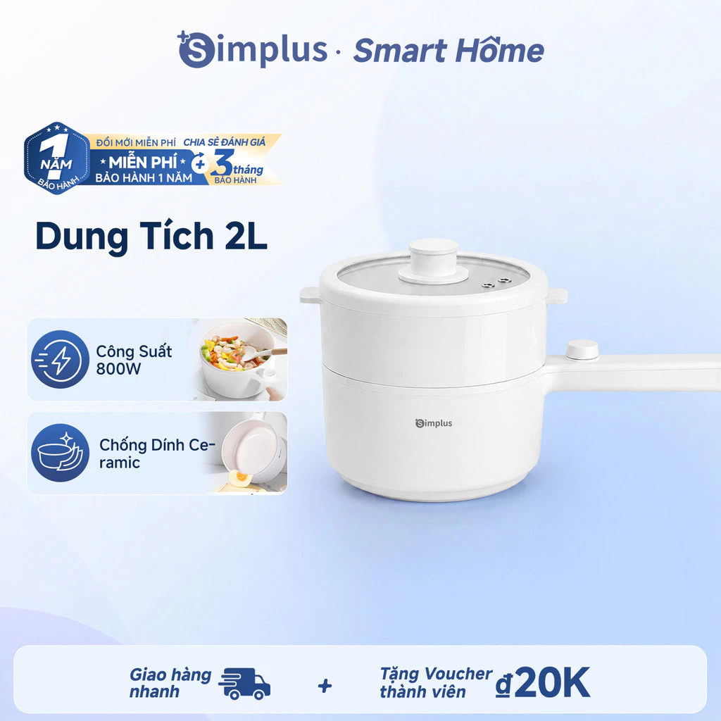 Nồi lẩu điện Simplus 1.8L có tay cầm dài, công suất 600W, nấu đa năng, nồi chống dính phủ men gốm titan DZGH009