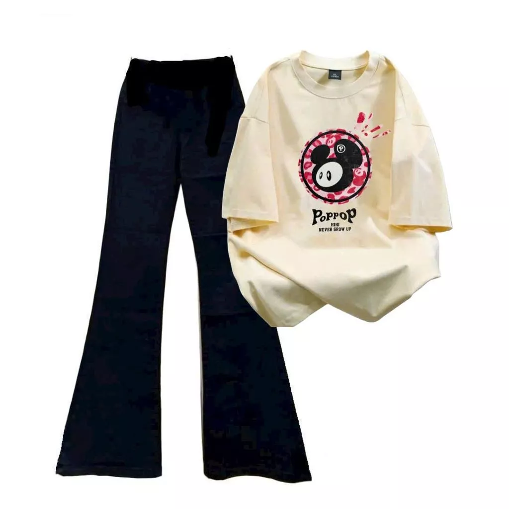 ( Rẻ Vô Địch ) Set quần ống loe dài co dãn  + mix áo phông cotton nổi bật  chữ bốp bốp -trangduc31588
