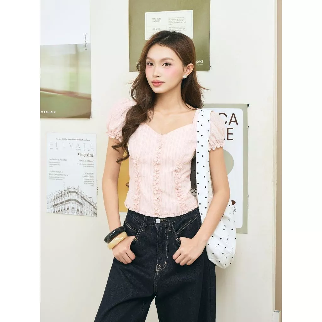 [Độc quyền Online] Áo kiểu nữ cổ tim tay phồng THE C.I.U, áo form ôm phối bèo nữ tính dễ phối đồ – Bunny Top