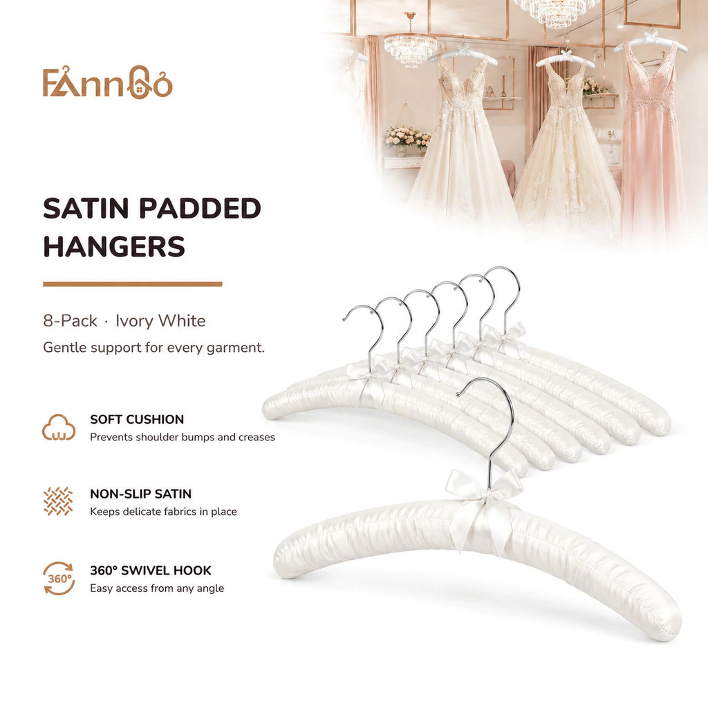 Fanngo 8 Móc Treo Quần Áo Đệm Satin – Móc Treo Áo Chống Trơn Trượt Thanh Lịch Có Nơ, Đệm Mềm Cho Váy, Áo Khoác & Áo Cưới (Trắng Ngà)