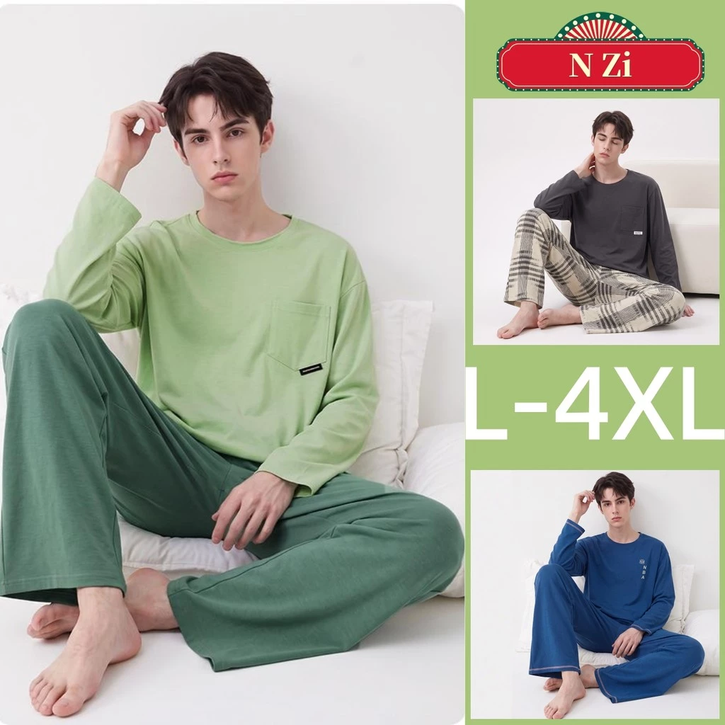 Bộ Đồ Ngủ Nam 100% Cotton Plus Kích Thước Bộ Đồ Ngủ Thu Đông Tay Dài Đồ Ngủ Người Rời Mặc Nhà L-4XL