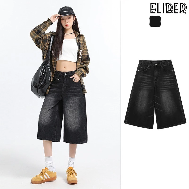 ELIBER- Quần Short Denim Retro Quần Lửng Rộng Rãi Quần Lửng Ống Thẳng