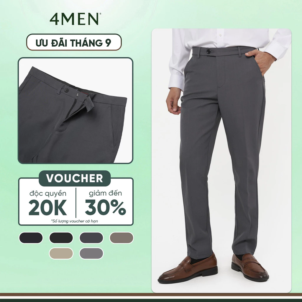 Quần tây âu nam co giãn 4MEN QT071 form slimfit Hàn Quốc ống ôm đẹp, vải cao cấp không nhăn, basic dễ phối, 6 màu basic