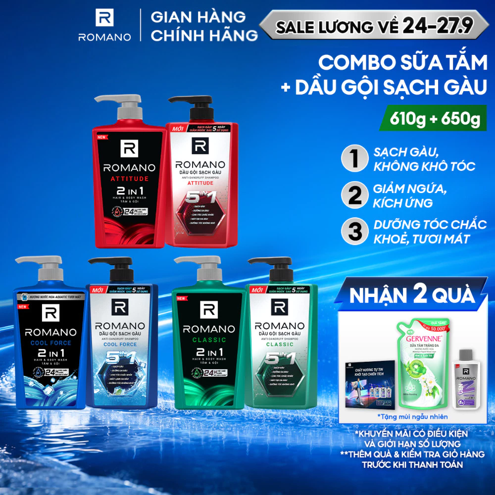Combo Dầu gội nam sạch gàu 5in1 Romano hương nước hoa 610g+Sữa tắm hương nước hoa Romano 650g