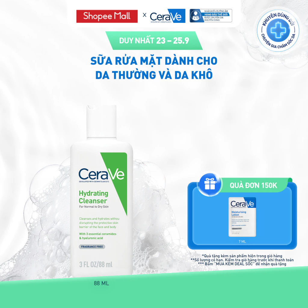Sữa rửa mặt giúp làm sạch sâu dành cho da thường và da khô Cerave Hydrating Cleanser 88ML